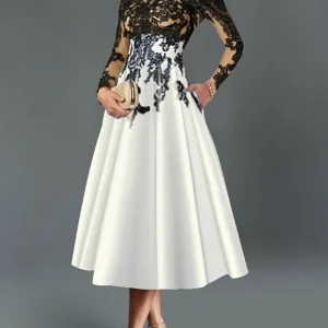 Custom a line princess illusion neck tea length cocktail dresses with lace sleeves