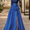 Custom a line princess v neck long sleeves floor length evening dresses with slit