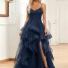 Custom a line princess floor length sleeveless evening dresses with ruched ruffles