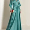 Custom a line princess v neck long sleeves floor length evening dresses with pleats