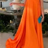 Custom a line princess v neck floor length sleeveless evening dress with watteau train