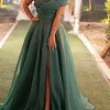 Custom a line princess floor length one shoulder evening dresses with split side