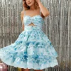 Custom ball gown spaghetti straps sleeveless mini prom dress with ruffles