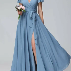 Custom a line princess v neck floor length long bridesmaid dresses