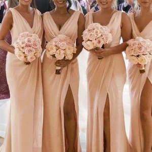 Custom sheath column v neck floor length long bridesmaid dresses with split side
