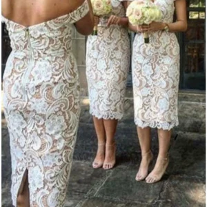 Custom sheath column off the shoulder tea length long bridesmaid dresses