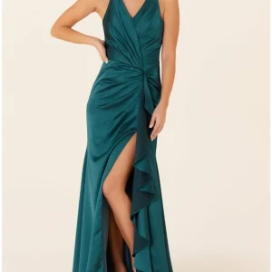 Custom a line princess v neck floor length long bridesmaid dresses with split side