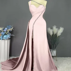 Custom sheath column one shoulder floor length long bridesmaid dresses with slit pleated beadings