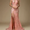 Custom sheath column halter floor length long bridesmaid dresses with sequins split side