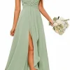 Custom a line princess one shoulder sleeveless floor length bridesmaid dress with split side