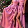 Custom a line princess ruffles sweetheart sleeveless split side long stretch crepe bridesmaid dresses for women