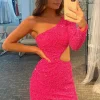 Custom sheath column waist cut out one shoulder long sleeves sequins homecoming dresses