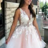 Custom a line appliques v neck sleeveless tulle homecoming dresses