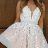 Custom a line v neck sleeveless tulle homecoming dresses with appliques