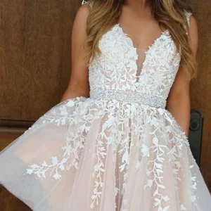 Custom a line v neck sleeveless tulle homecoming dresses with appliques