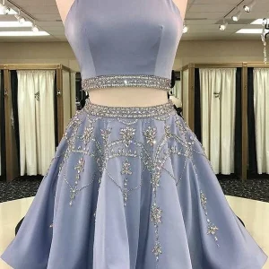 Custom a line beading bateau sleeveless two pieces homecoming dresses