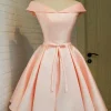 Custom a line off the shoulder sleeveless satin homecoming dresses with sash ribbon belt
