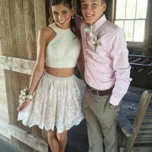 Custom a line halter beading sleeveless appliques two pieces homecoming dresses