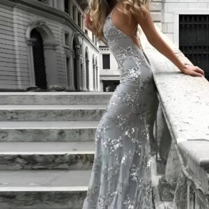 Custom Spaghetti Straps V-neck Mermaid Long Sparkly Tulle Prom Dress
