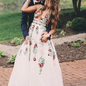 Custom Ivory Lace A-line Prom Dress with V-neck and Floral Appliques Long Evening Gown