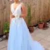 Custom Blue Chiffon A-line V-neck Lace Long Prom Dress