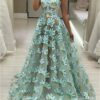 Custom Spaghetti Strap Flower Lace A-Line Floor Length Prom Dress