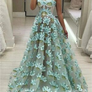 Custom Spaghetti Strap Flower Lace A-Line Floor Length Prom Dress