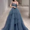 Custom Blue Tulle Prom Dress with Sparkling Beads, Tiered Formal Gown Embellished with Rhinestones